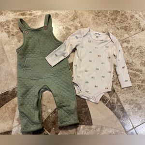 Rabbit & Bear Green Quilted Overalls and Printed Onesie Set